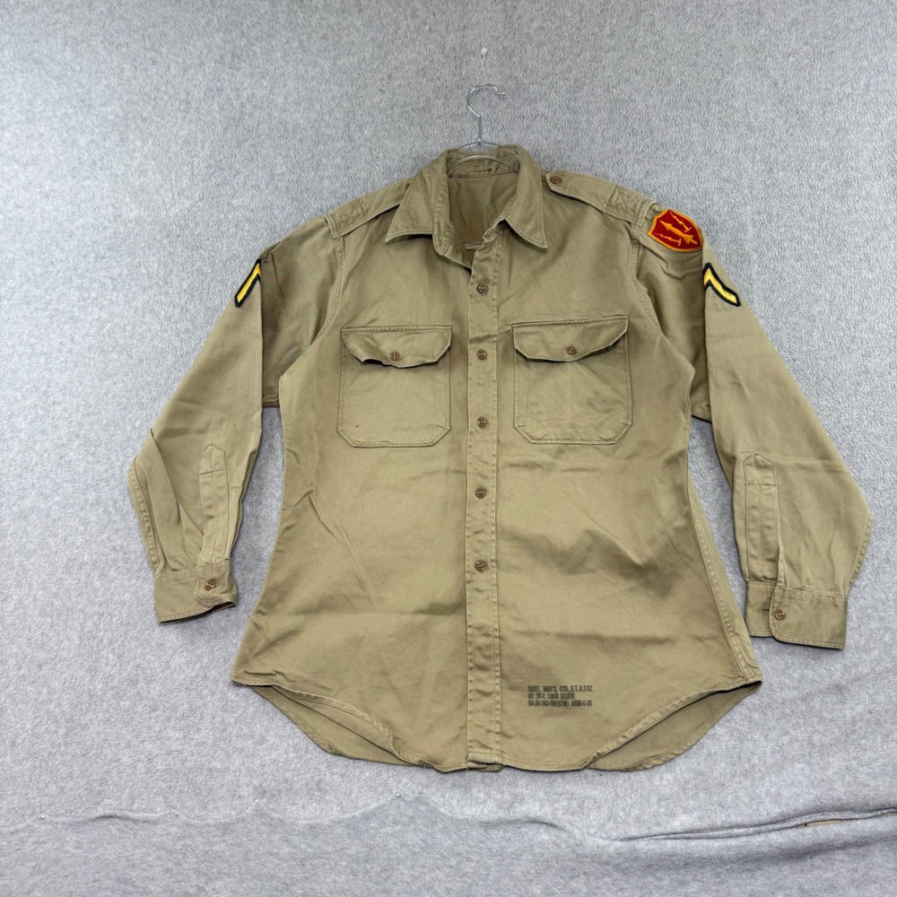 US Military Khaki Twill Shirt Mens Tan Excellent Vintage Korea 50s 60s Patches
